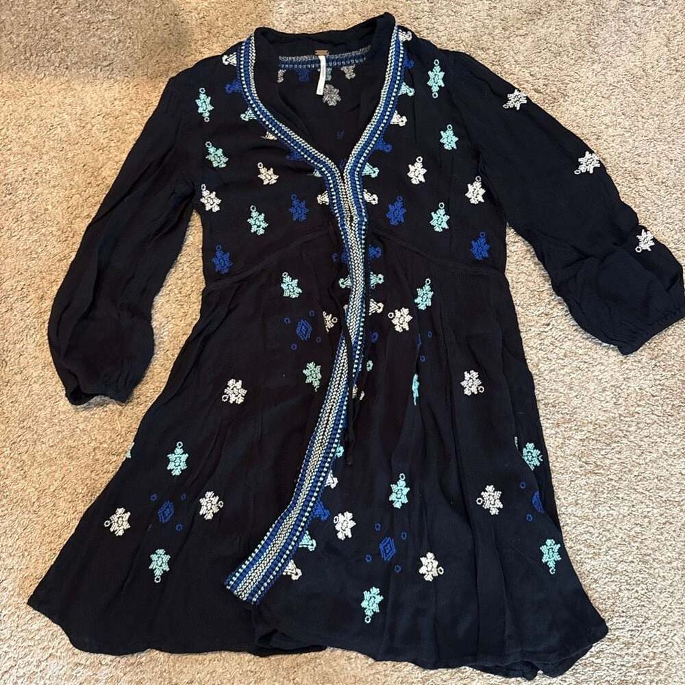 Free People Star Gazer Embroidered V-Neck Mini Dress Black XS